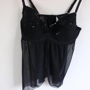 Black Sparkly Sequin Embroidered Teddy / Bra with Mesh Panel